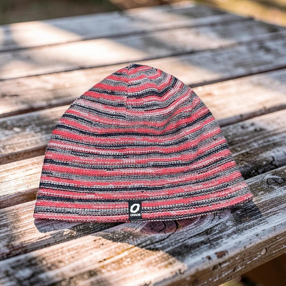 Chaos Mens Beanie Hat Striped Skull Cap Pink Grey Black Winter Reversible Ribbed